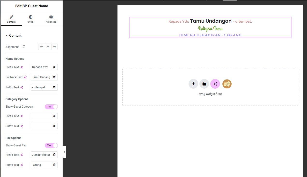 Pengaturan Konten Widget Guest Name di Elementor BukuTamu Pro