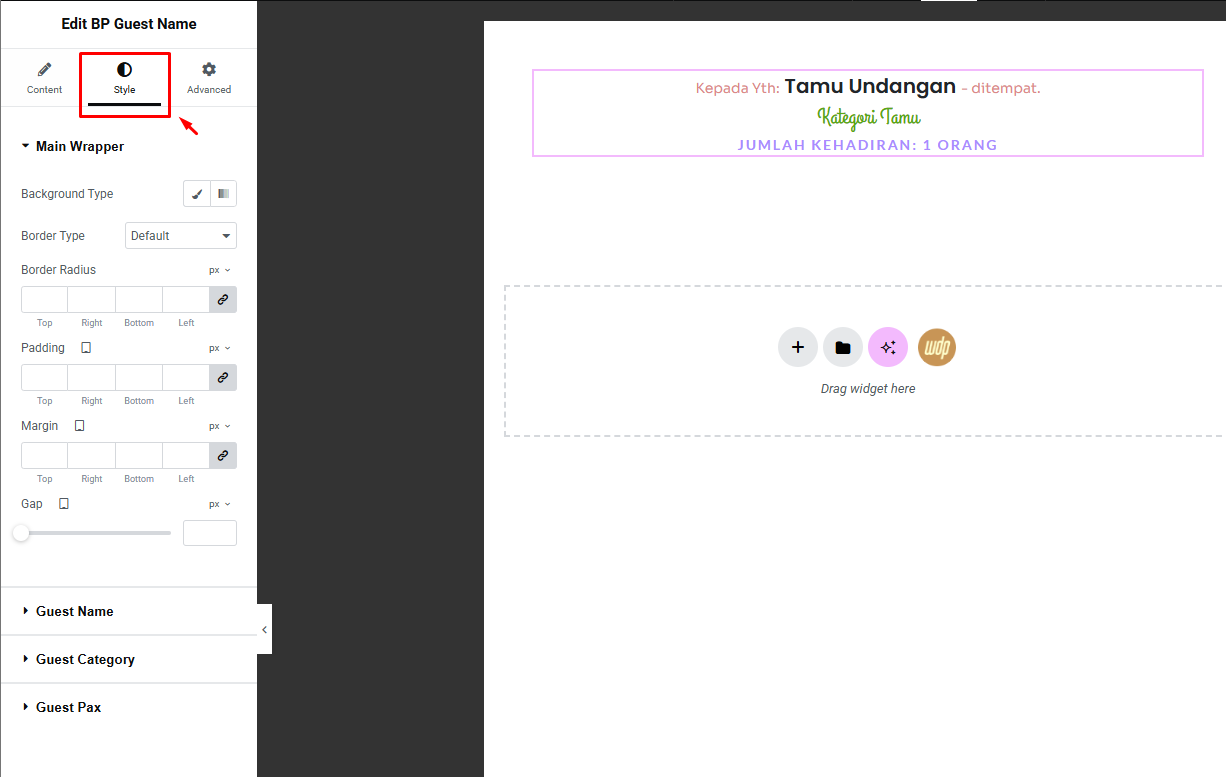 Pengaturan Kustomisasi Style Widget Guest Name BukuTamu Pro