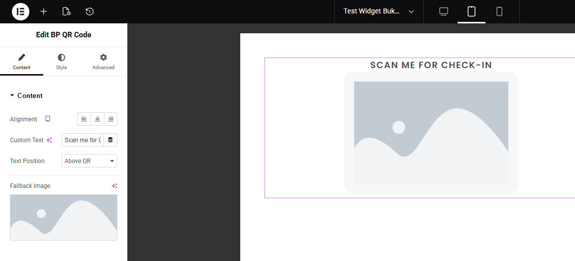 Pengaturan Konten Widget QR Code di Elementor BukuTamu Pro