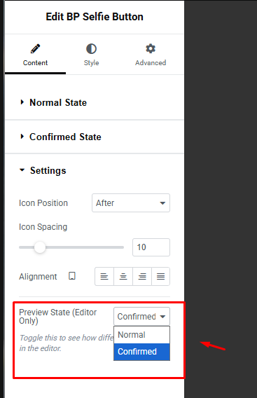 Pengaturan Konten Widget Selfie Button di Elementor BukuTamu Pro