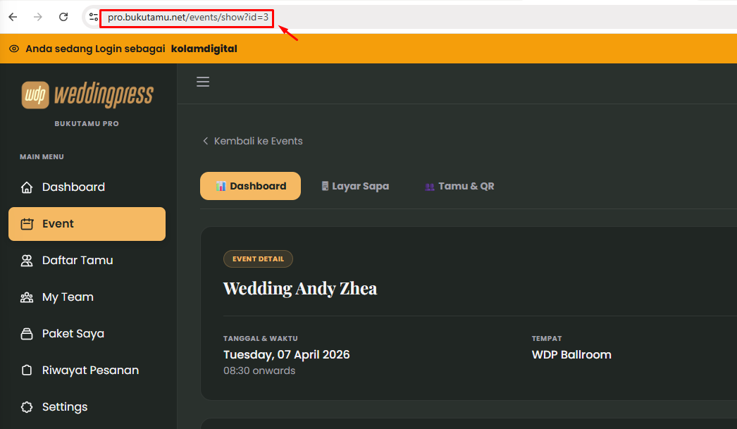 Cara Menemukan Event ID yang Benar di Dashboard Backend BukuTamu Pro