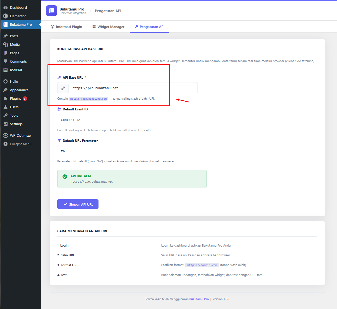 Langkah Konfigurasi URL API Base pada Plugin BukuTamu Pro di Dashboard WordPress