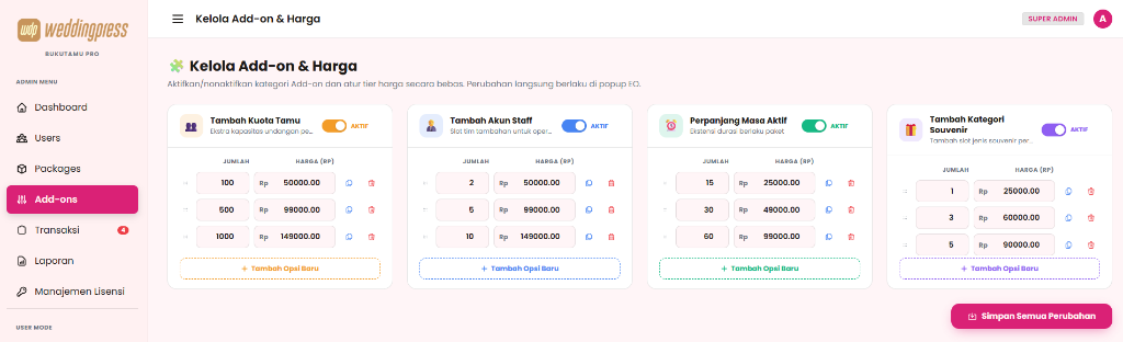Pengelolaan Add-on dan Harga Super Admin
