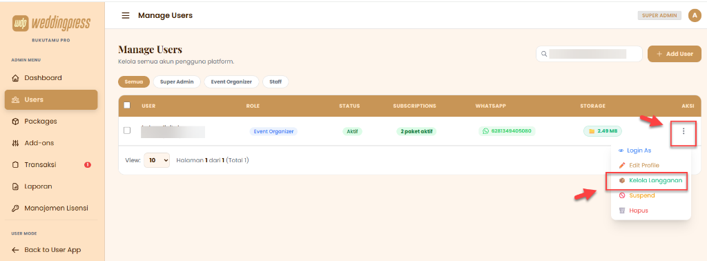 Pengelolaan Pengguna dan Langganan oleh Super Admin