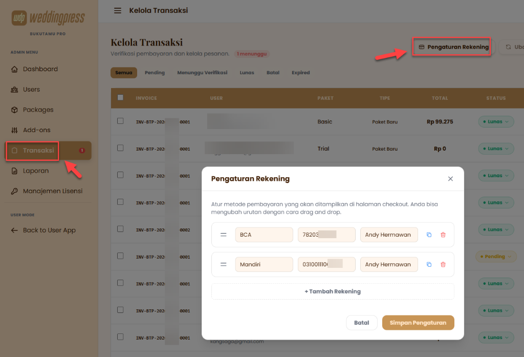 Tampilan Modal Pengaturan Rekening Super Admin