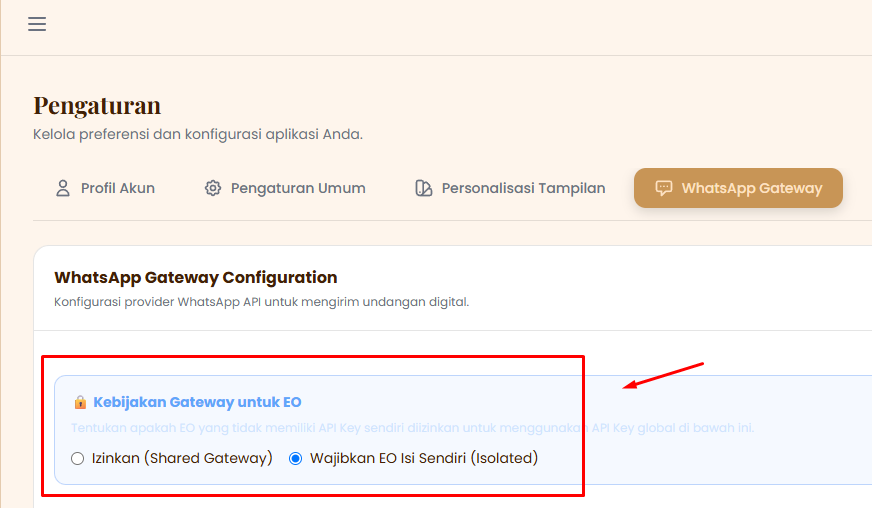 Pengaturan Kebijakan WhatsApp Gateway EO