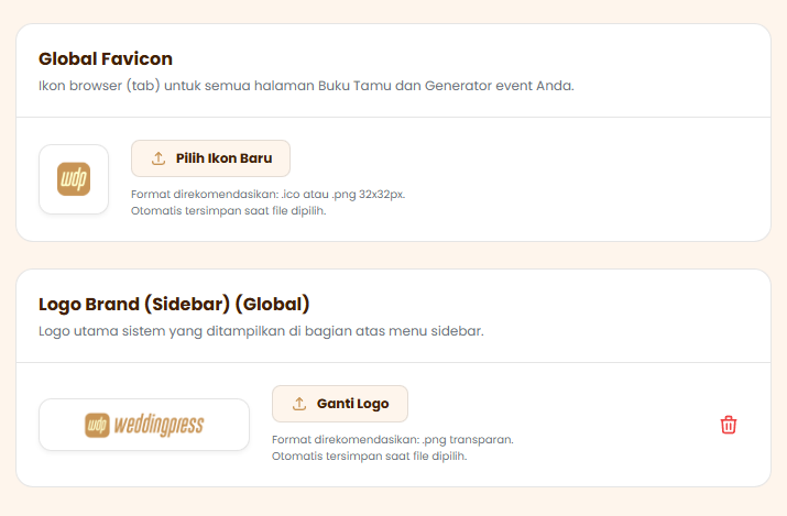 Form unggah Logo Brand dan Favicon BukuTamu Pro