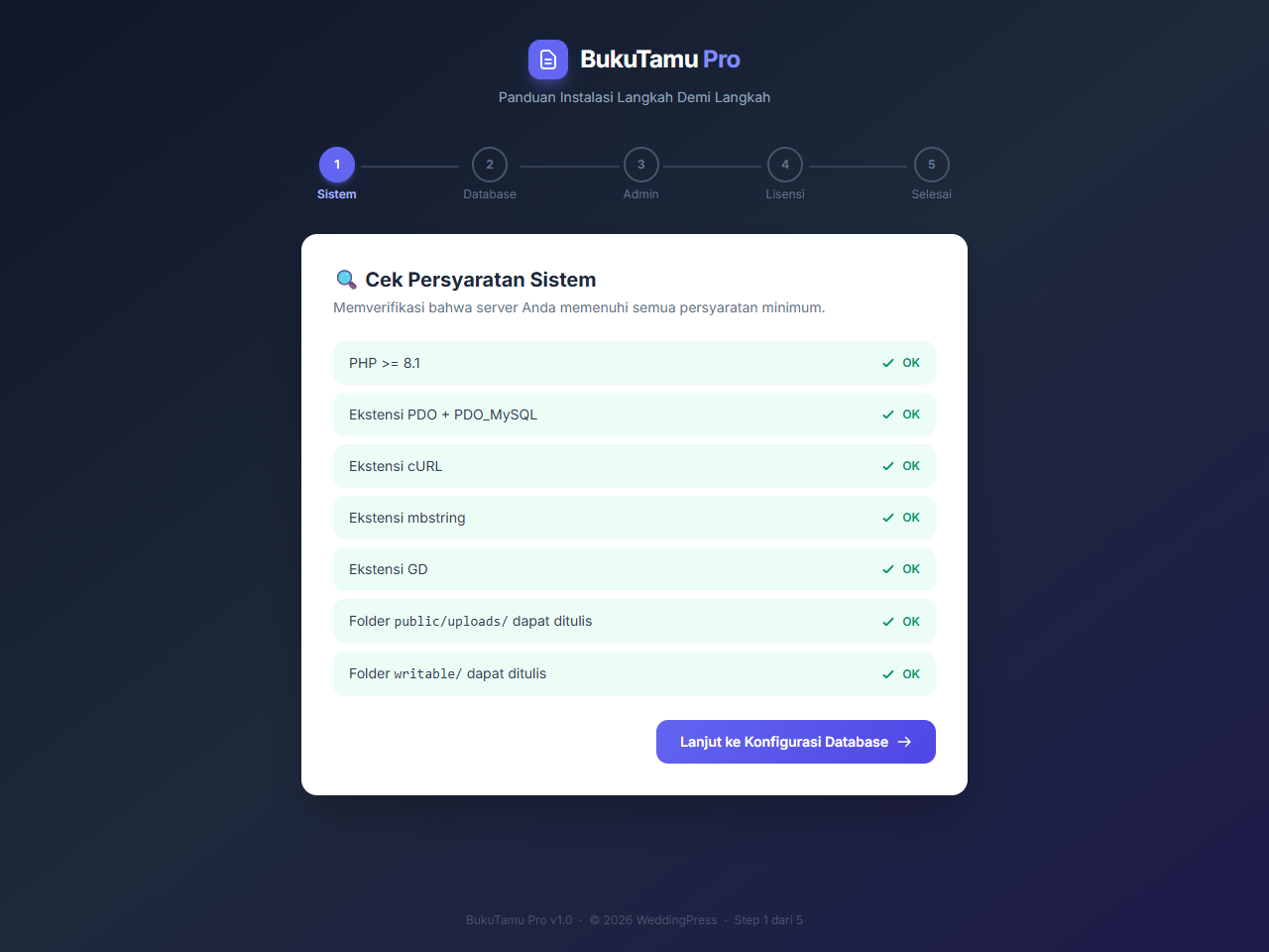 Pengecekan spesifikasi minimum server saat instalasi BukuTamu Pro