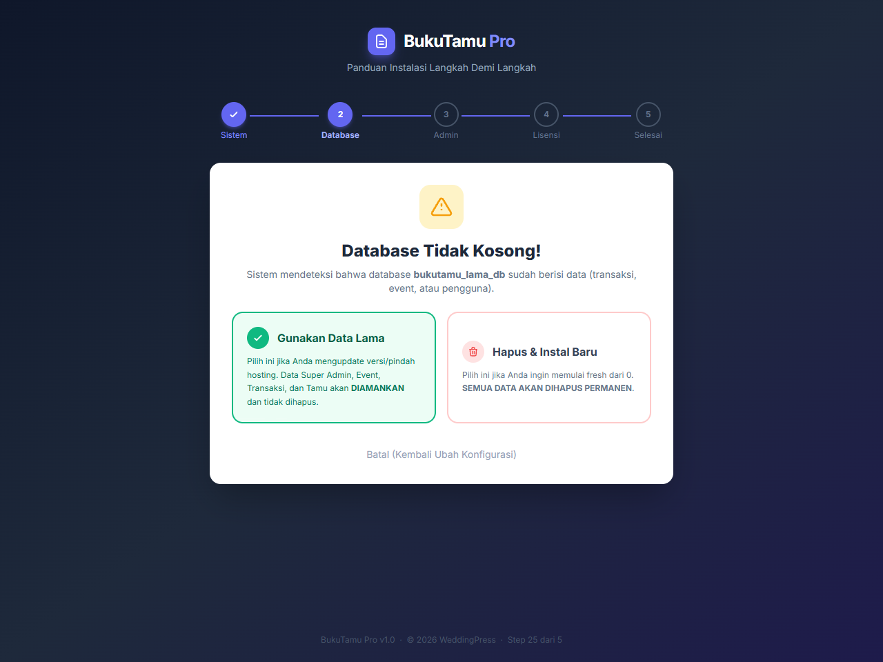 Peringatan override database lama saat instalasi BukuTamu Pro