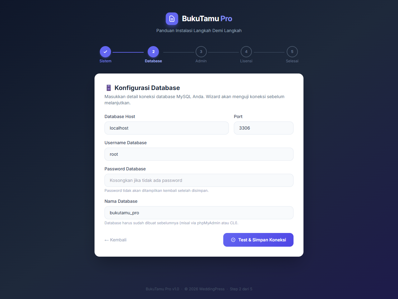Form pengisian konfigurasi koneksi database MySQL BukuTamu Pro