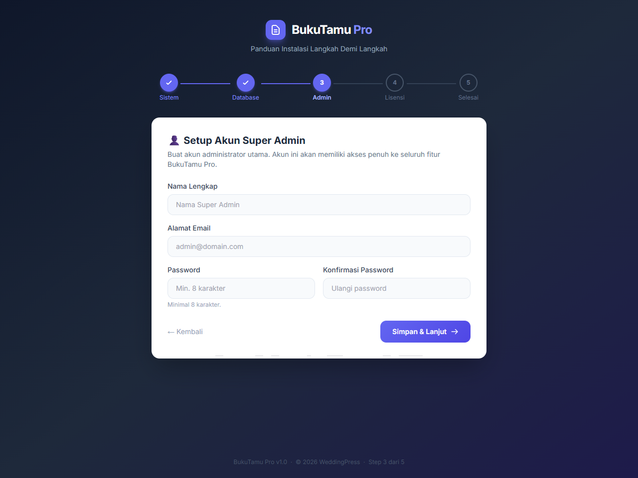 Pembuatan akun super admin untuk login dashboard BukuTamu Pro