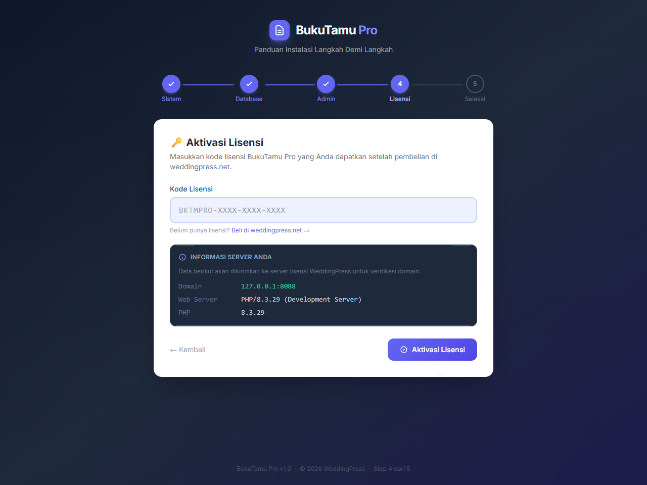 Aktivasi kode lisensi BukuTamu Pro dari member area WeddingPress